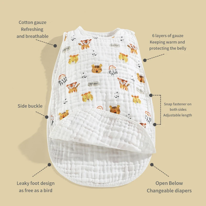 Baby Sleeping Bags Cotton gauze 6 layers Kids pajamas Summer light Soft Breathable Vest Sleepsack Sleeveless Soft Bamboo Cotton