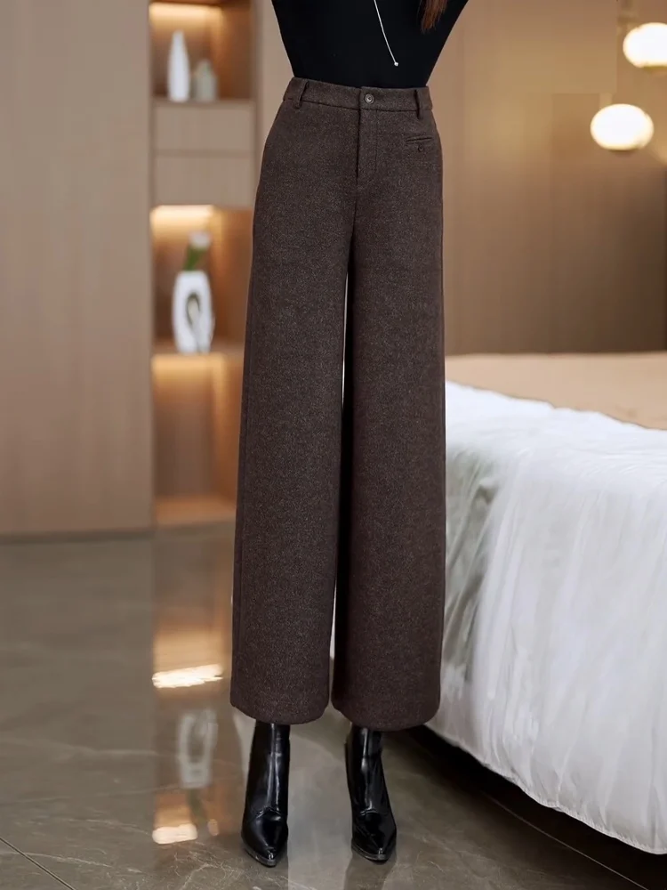Khaki Wide Leg Nine Point Pants Women's High Waist Drape Warm Loose Fleece Straight Leg Trousers Commute Style Korean Version