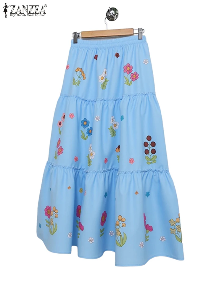 

Women Pleated Long Skirts Autumn High Waist Floral Printed Overskirts Fashion Patchwork Ruffled Maxi Bottoms ZANZEA 2025