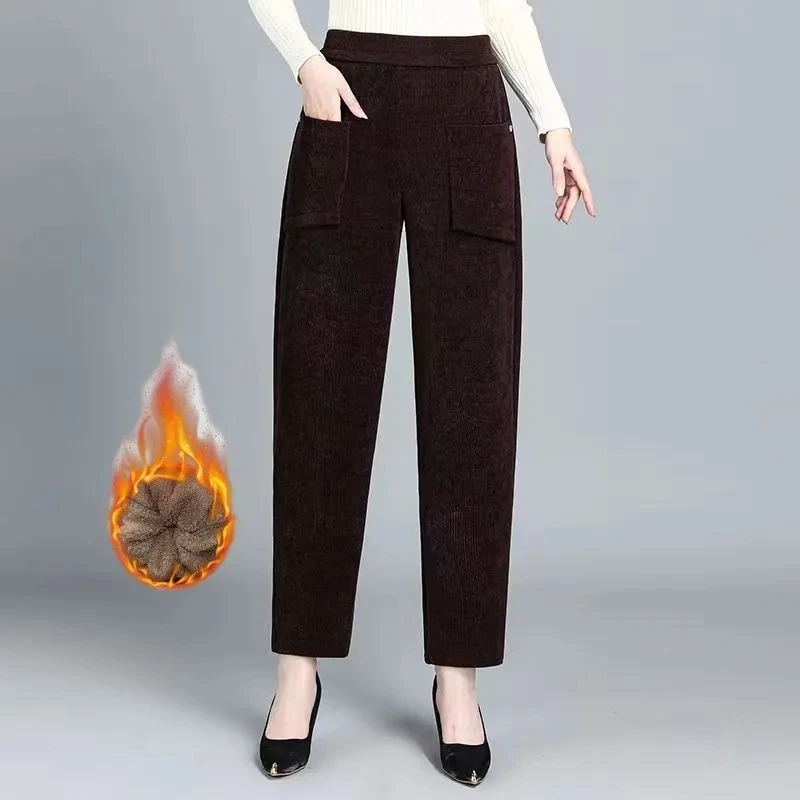 Spodnie sztruksowe z podszewką, proste nogawki, wysoki stan, styl koreański, do pracy, modne, zimowe, codzienne spodnie dla mamy.