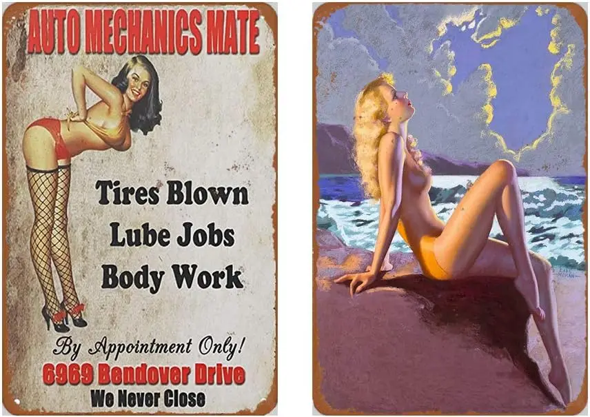 Dmxplus Metal Sign Set of 2 Tin Signs 8 x 12inches - Beach Sexy Pinup Girl Vintage Look Wall Decoration Bar Cafe Home Decor Plaq