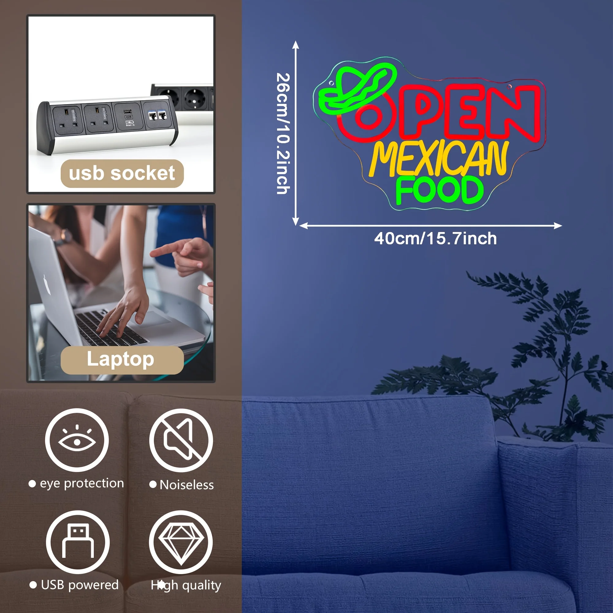 レストラン、タコスパーティー、テーマイベント用のLEDオープンメキシコフードネオンサイン - 装飾的なウェルカムサイン、レストラン照明