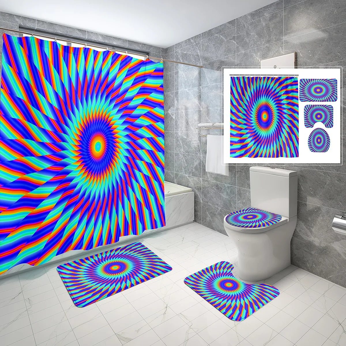 Psychedelic Optical Illusion Shower Curtain 4 Piece Set with Toilet Lid Cover and Non-slip Bath Mat Geometric Shower Curtain Set