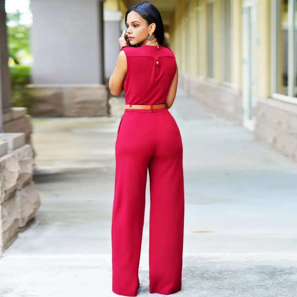 

Women V-neck Jumpsuit Elegant V-neck Sleeveless Jumpsuit with Belted Waist Wide Leg Office Party Romper Women's Casual