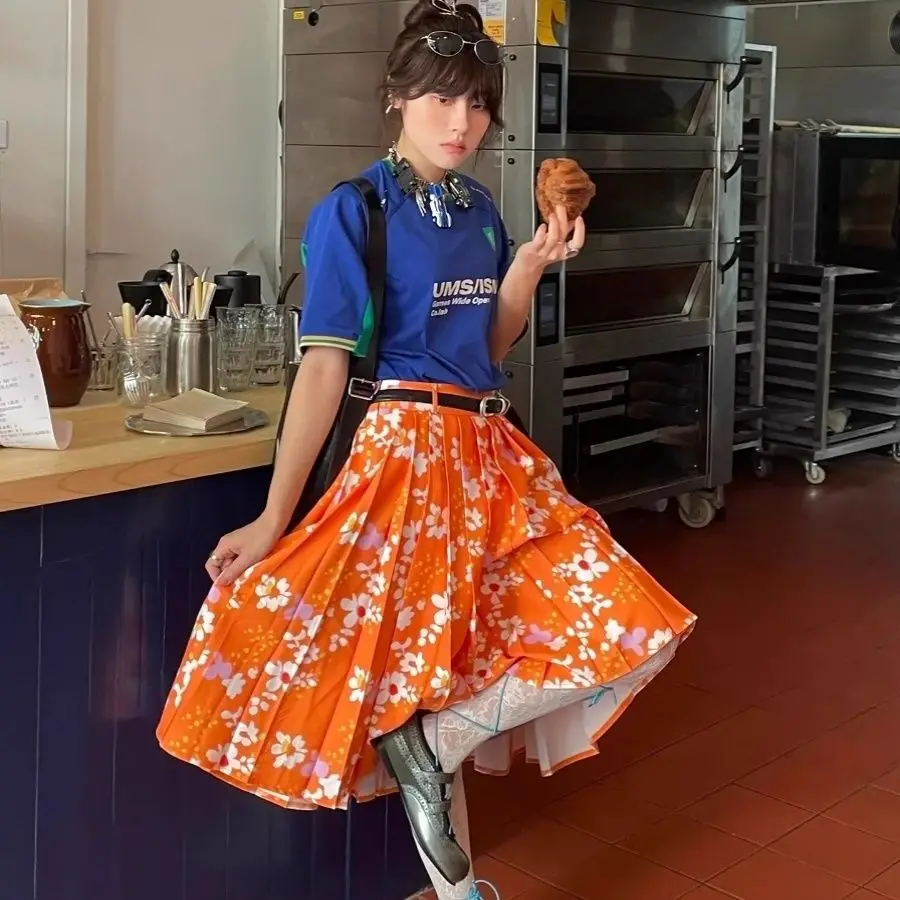 Gedrukte dubbele plooirok Vintage Y2k mode A-lijn rokken Contrasterende kleur MIDI-jurk Dameskleding Koreaanse rokken