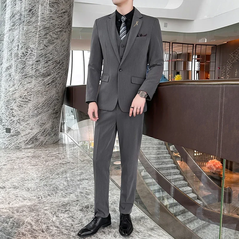 Mens Suits (Blazer+ Vest + Pants) Men\'s Fashion Business Korean Version Slim-fit Wedding Professional Wear Gentleman Dress 5XL