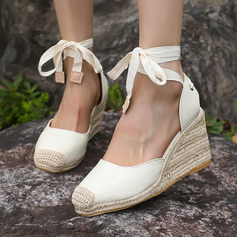 

Босоножки на танкетке со шнуровкой до щиколотки, женские летние эспадрильи с закрытым носком, сандалии на платформе, женские гладиаторы на высоком каблуке Sandalias Mujer 43