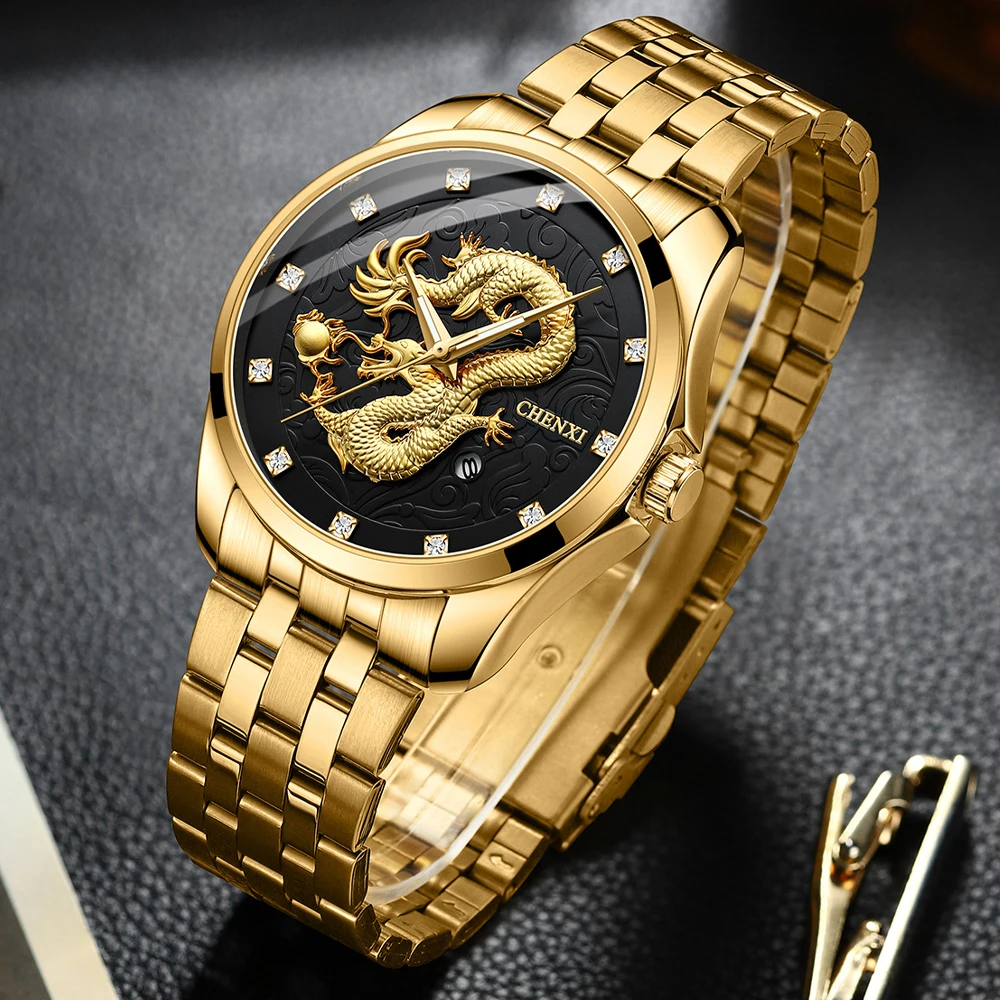 CHENXI Mens Business Luxury Full Steel Golden Quartz Watch Top Brand Waterproof Date Luminous Scratch-Proof Fashion Wristwatch