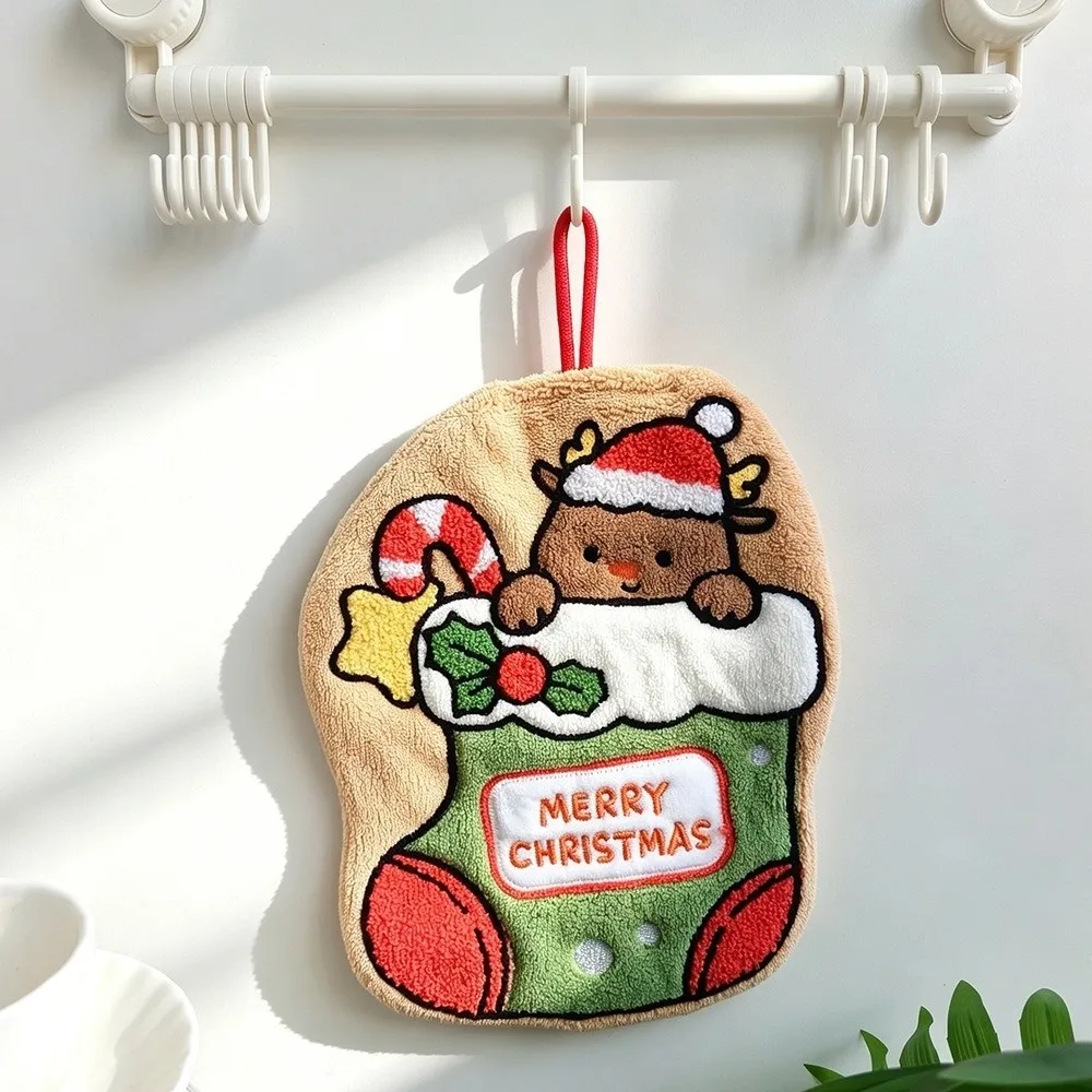 Coral Fleece Xmas Hanging Hand Towel Absorbent Snowman Santa Claus Handkerchief Thickened Soft Christmas Tree Hand Towel
