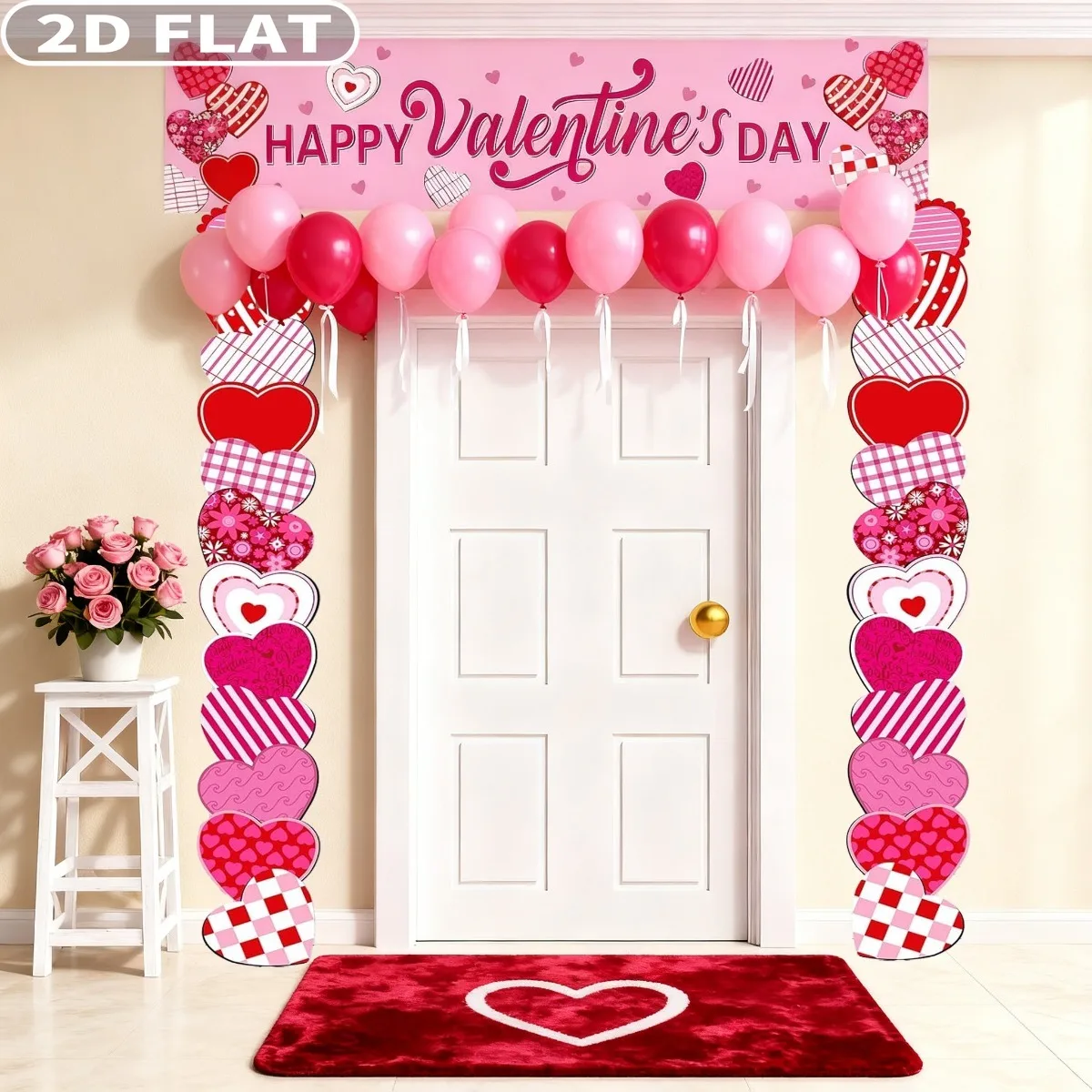 3pcs Valentine‘s Day Party Door Banner, Polyester Heart Banner 71x12Inch&12x19Inch Happy Valentines Front Door Hanging Decor