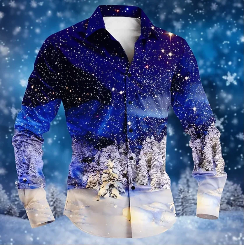 New Men Festive Holiday Party 3D Printed Formal Shirt Christmas Snowflake Pattern Flip-over Long Sleeve Shirt Fashionable Shirt