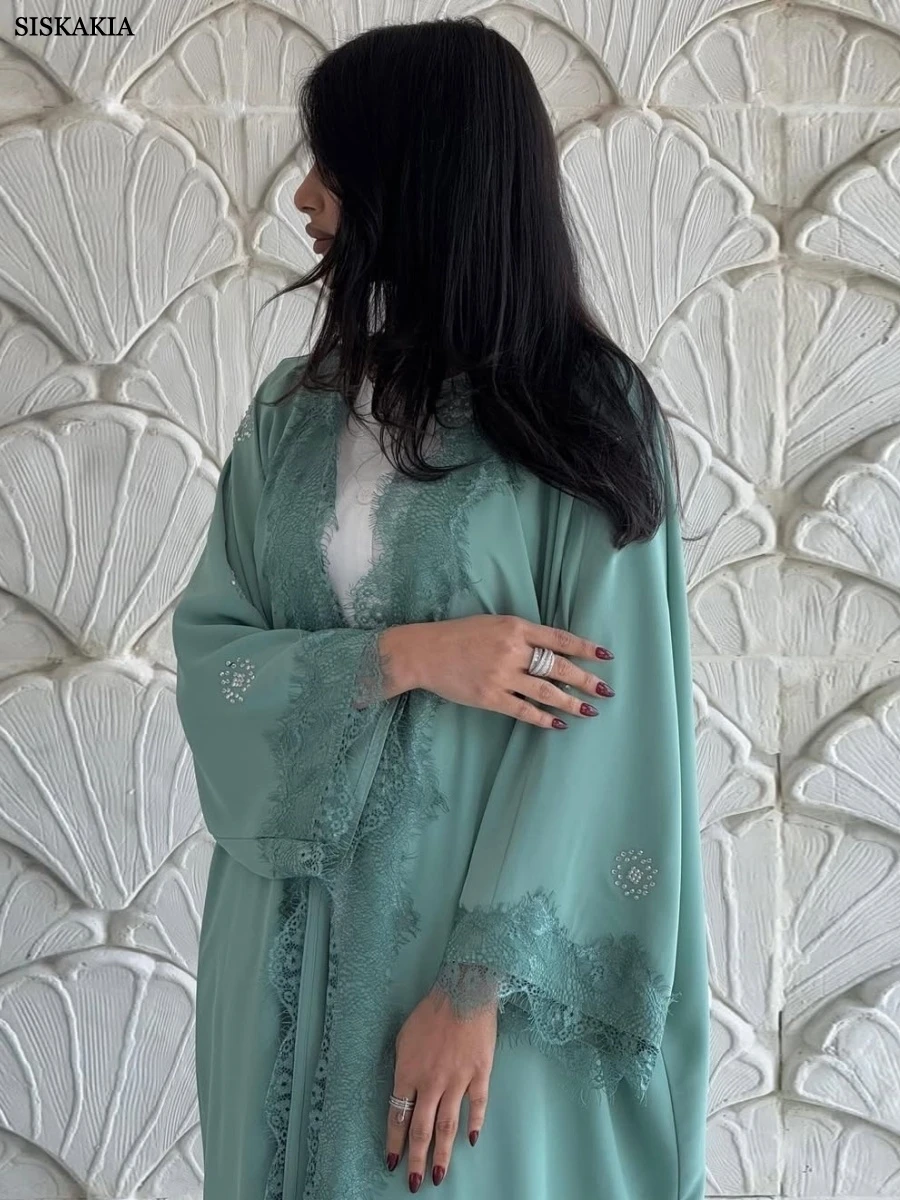 Siskakia جديد جبر الدانتيل يزين فستان موضة الصلبة عباية مفتوحة المغربي مسلم ملابس حريمي أنيقة
