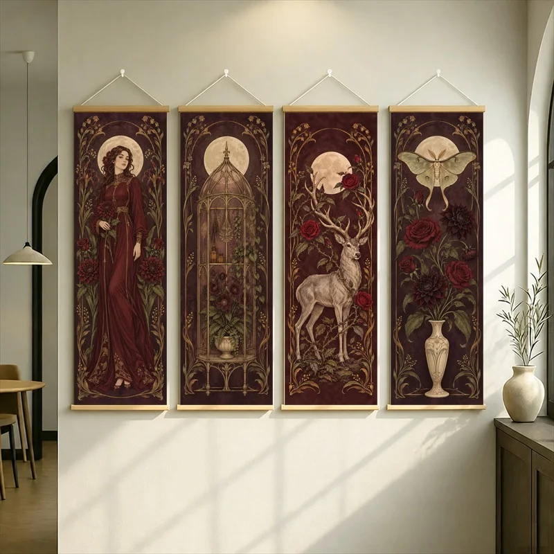 Celestial Maiden and Deer Hanging Scroll with Moon Motifs and Flowers in a Burgundy Nouveau Style for a Reading Nook