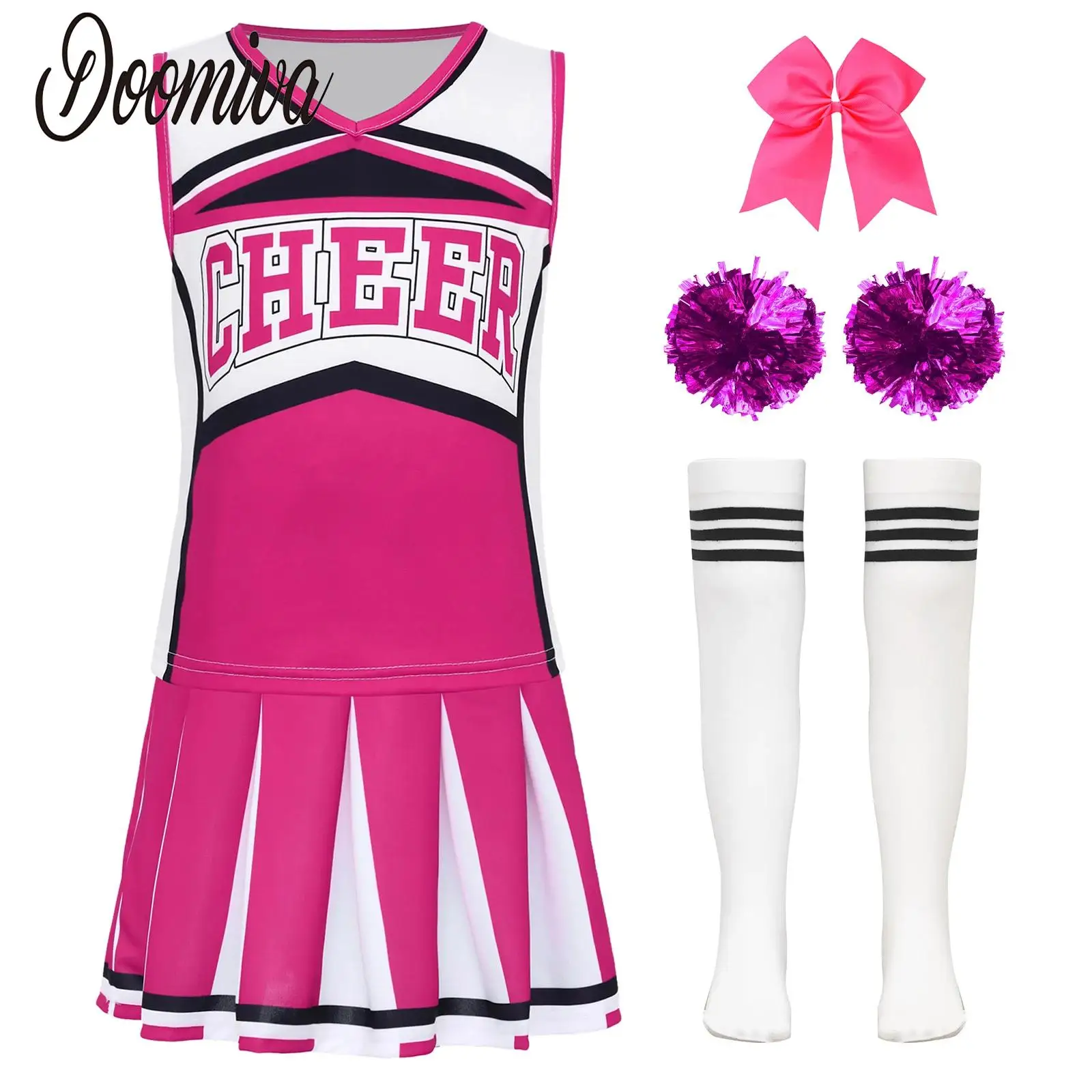 

Kids Girls Cheerleader Outfit Modern Dance Performance Costume Sleeveless Top with Skirt Bowknot Hair Tassel Hand Flowers Set