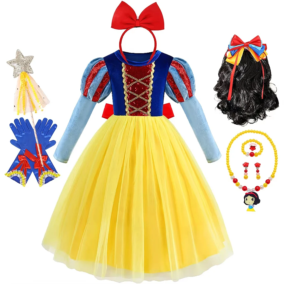Halloween Snow White Dress Long Sleeves Velvet Princess Costume Children Birthday Party Elegant Gown Luxury Fluffy Tulle Frocks