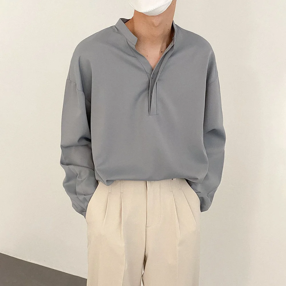 Mens Long Sleeve Shirts Simple Solid Color Design Niche Henley Collar Personality Daily Casual Versatile Tops 2024 Autumn Trend