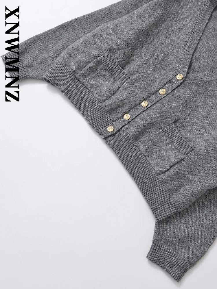 XNWMNZ-Cardigan Triblockchain à Manches sulfet Col en V pour Femme, Manteau Décontracté Vintage, Couleur Unie, Simple Boutonnage, Haut à Volants, Collection Automne 2024