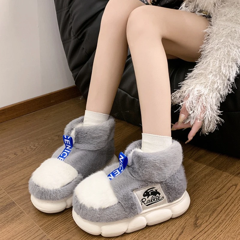 2025 frauen Winter Warme Schuhe Plüsch Futter Hausschuhe Paare Plattform Ferse High Top Schnee Stiefel Weiblich Männlich Hause pantoffel