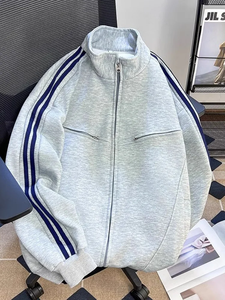 

American Retro Tee-Stripes Stand Collar Sweatirt ex Autumn Winter High Faion Trendy Sports Sle Baseball Coat Top