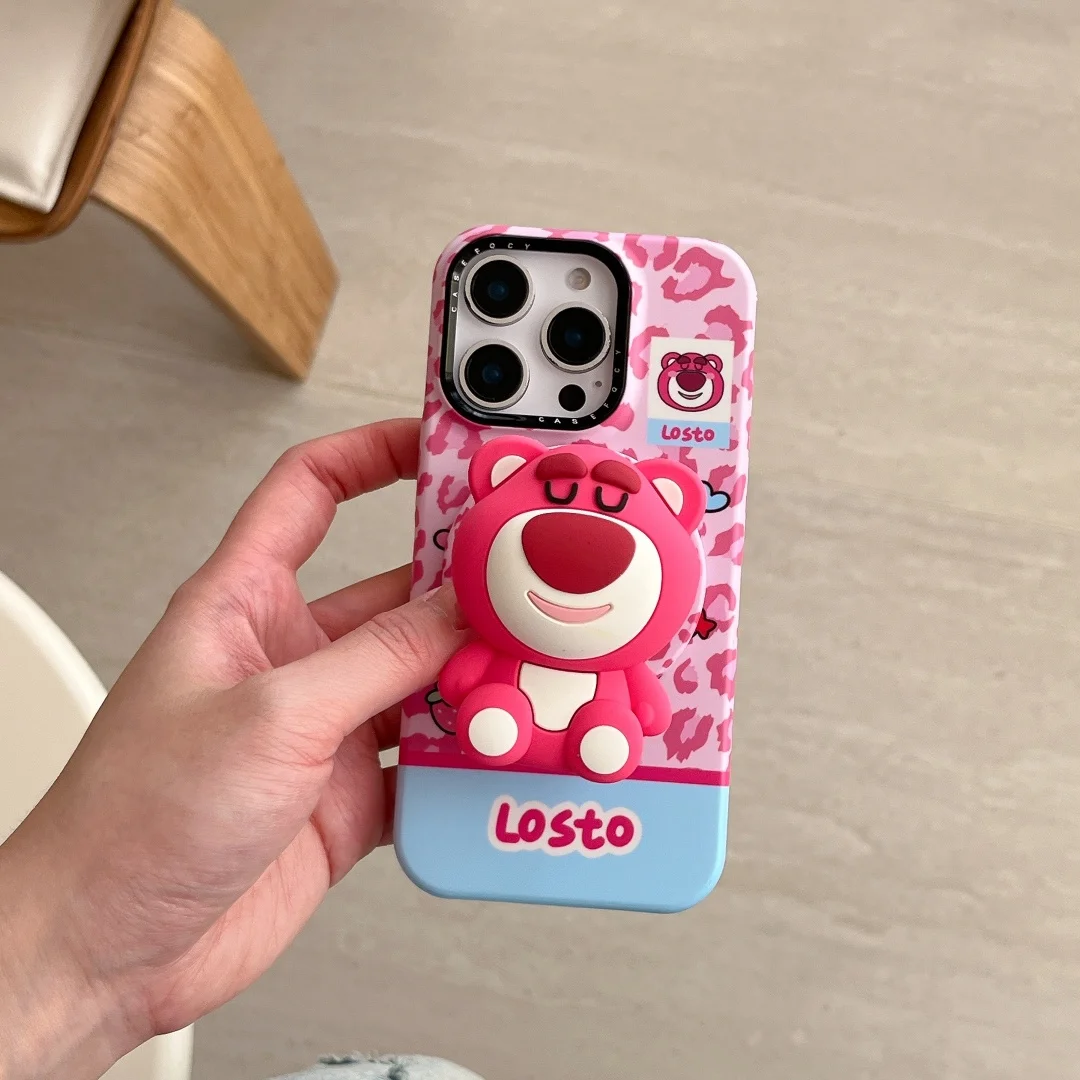 

Pink Leopard print Strawberry Little Bear Magsafe Magnetic Holder Phone Case For iPhone 16 15 14 Pro Max hard Protective Cover