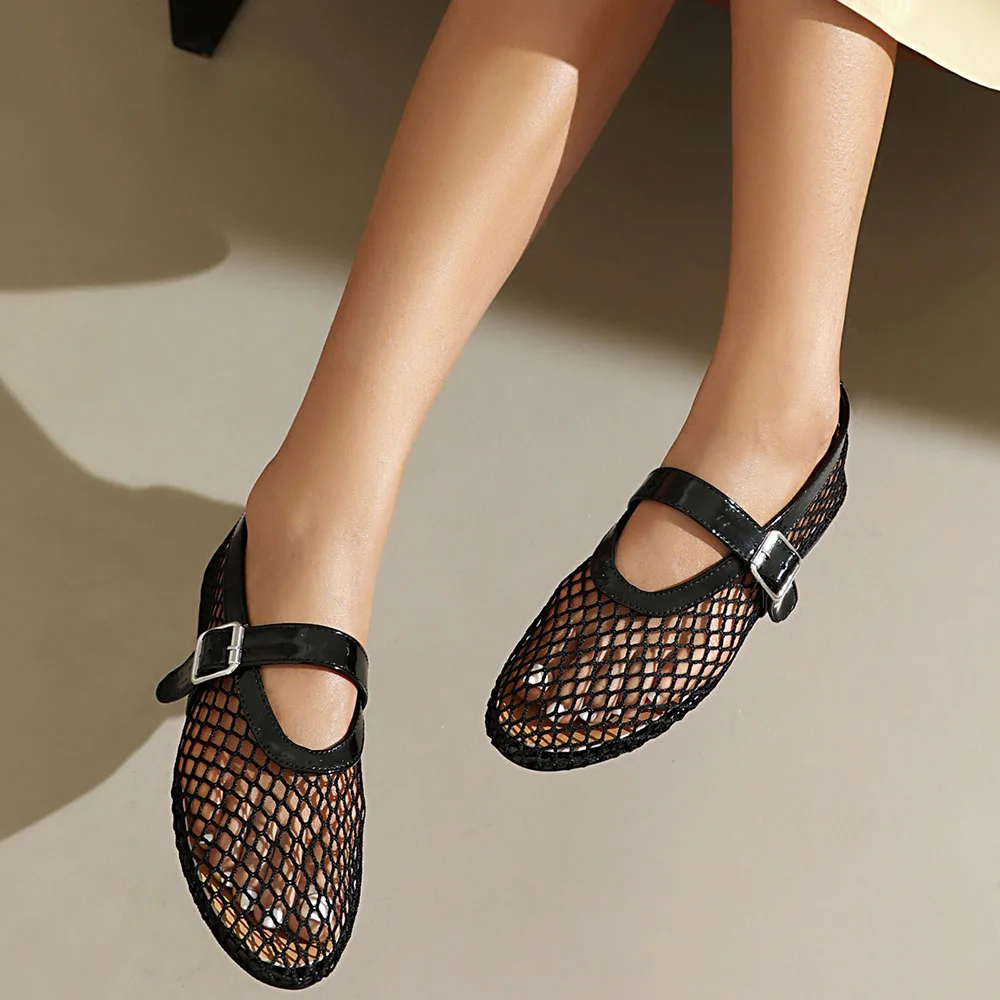 Plus Size 48 Fashion Round Toe Hollowed Flat Female Pumps 2024 Mesh Buckle Strap Leisure Summer Shoes Woman images - 6