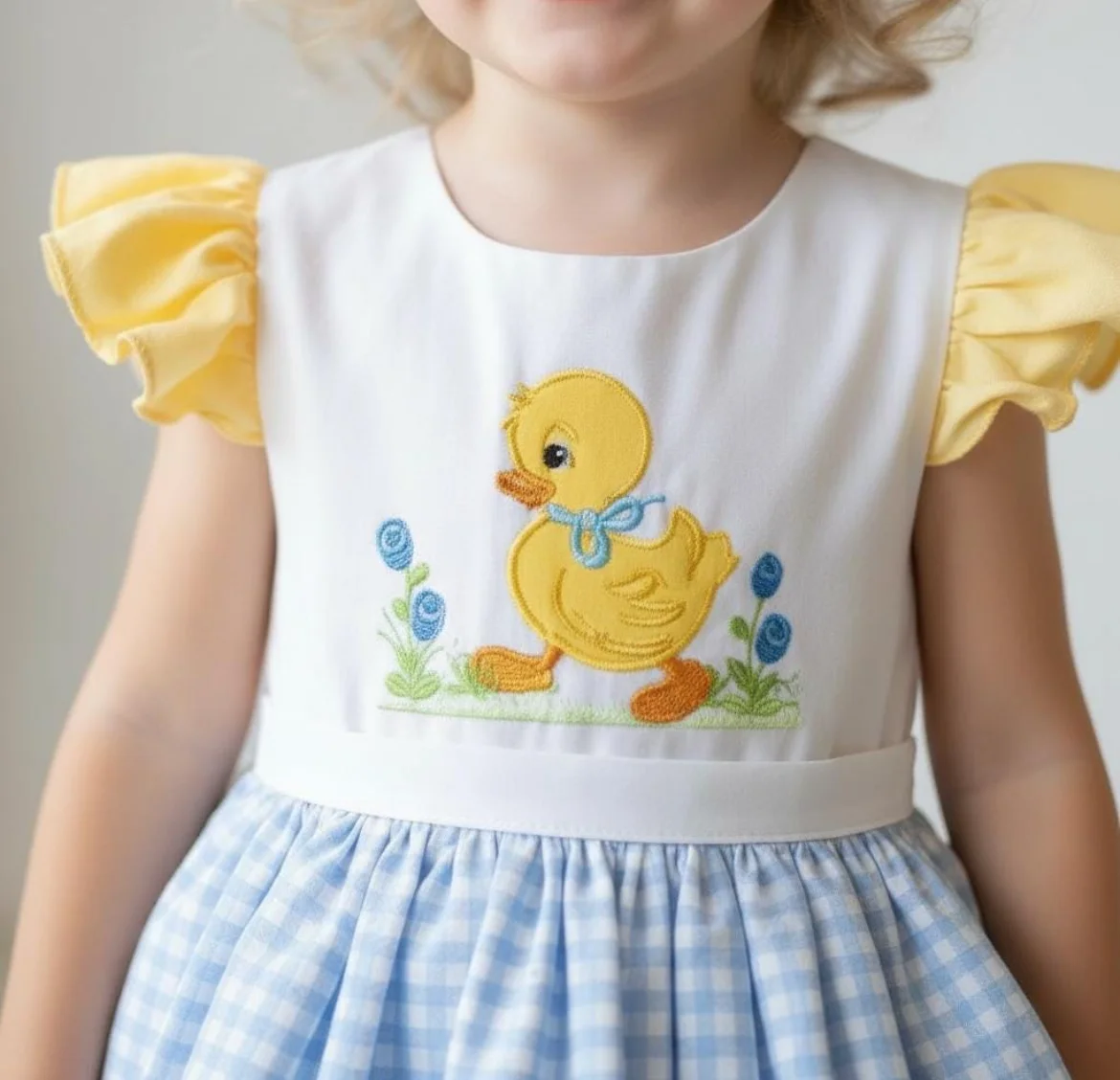 Summer Baby Girl Blue Plaid Fly-Sleeve Dress with Cute Yellow Duck Embroidery for Birthday Holiday Photography Casual B585