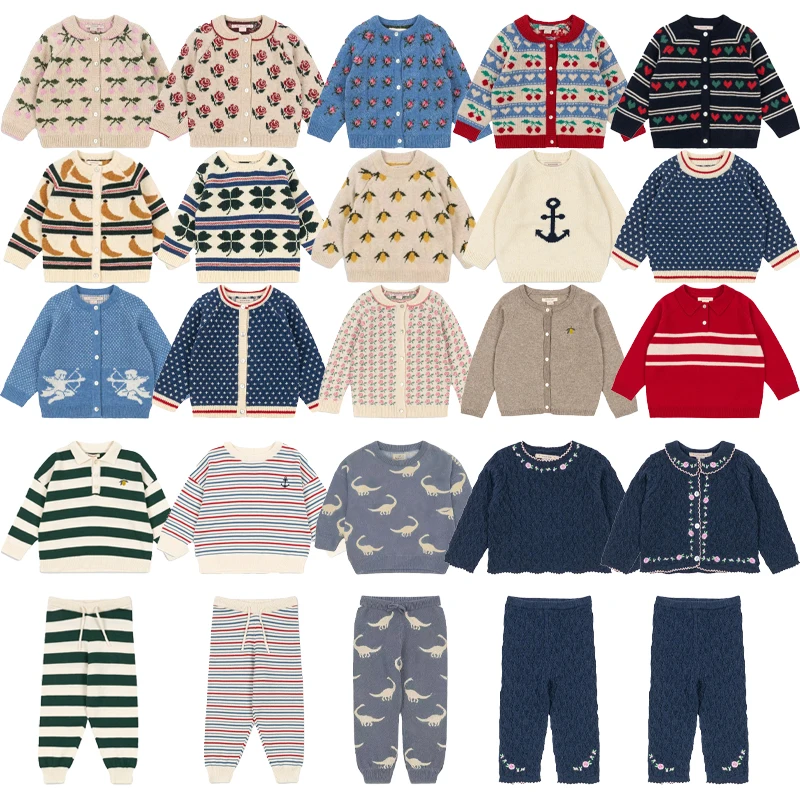 

2025 New Autumn Winter Children's Sweater Set Boy's Printed Knitted Sweater Knitted Pants Set Girls Embroidered Warm Clothing