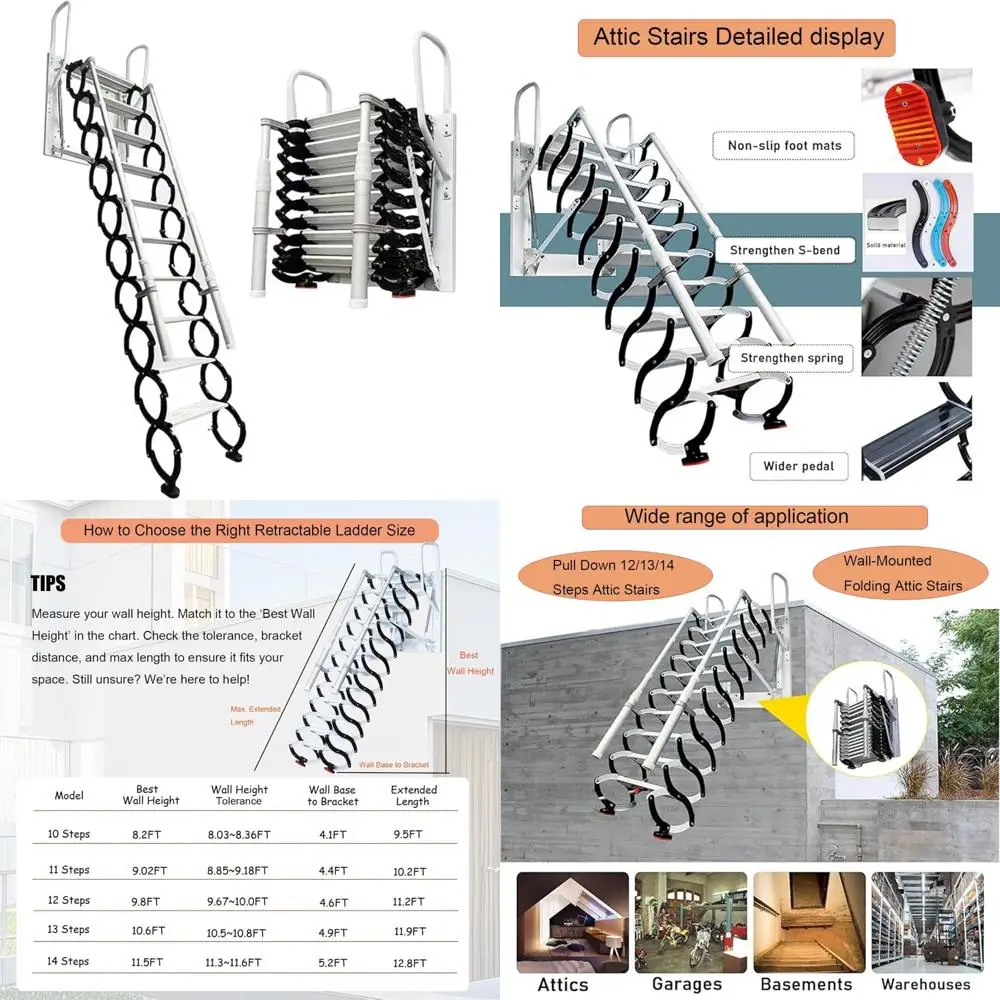 سلالم علية قابلة للطي مثبتة على الحائط: سلم علوي قابل للسحب بطول 11 خطوة وأوسع 4 بوصة مع درابزين مزدوج للوصول إلى الارتفاع #1