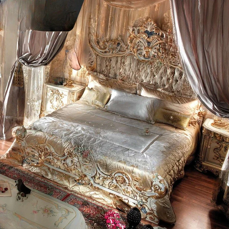 European solid wood double bed, French court carved wedding bed, 1.8m Italian villa painted fabric princess bed