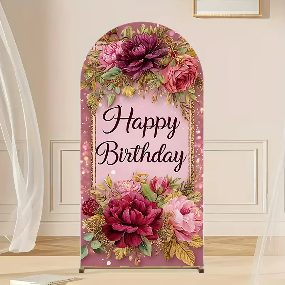 Custom 2-sided Pink Flowers Girl Happy Birthday Party Background Decoration Butterflies Women Birthday Arch Backdrop Cover