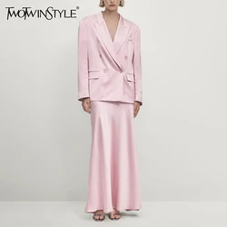 TWOTWINSTYLE Solid Temperament Two Piece Set For Women Lapel Long Sleeve Blazers High Waist A Line Skirts Casual Set Female New