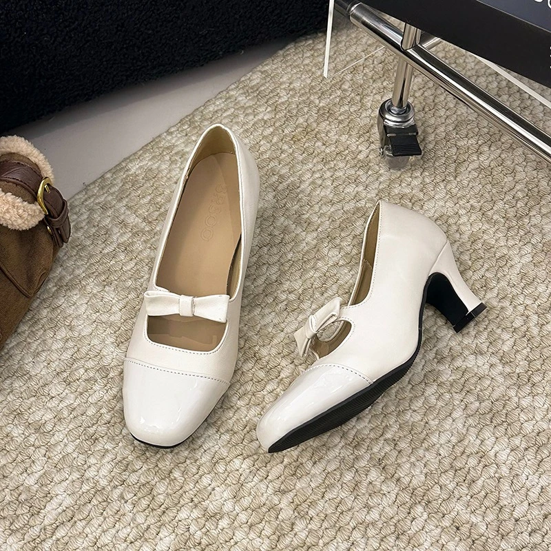 

Mary Jane Single Shoes Women 2026 Spring New Block Heel Bow Shallow Mouth One Strap Small Leather Shoes