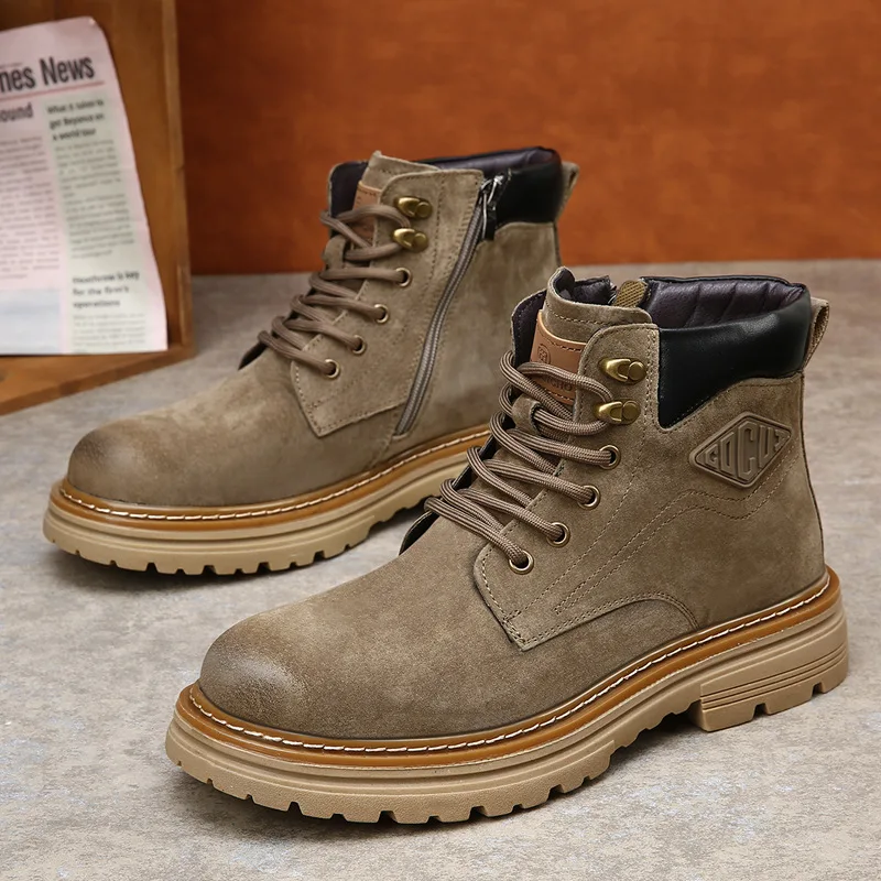 

New Men Cow Leather Boots Street Cool High Top Leather Casual Shoes Outdoor Short Snow Boots