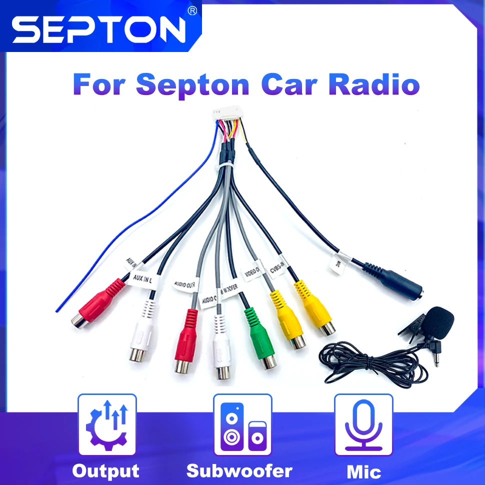 SEPTON 20 Pin Universal RCA Cable Adapter Wiring Connector for Android Car Radio Output Wire Harness Mic Interface Line 3.5mm