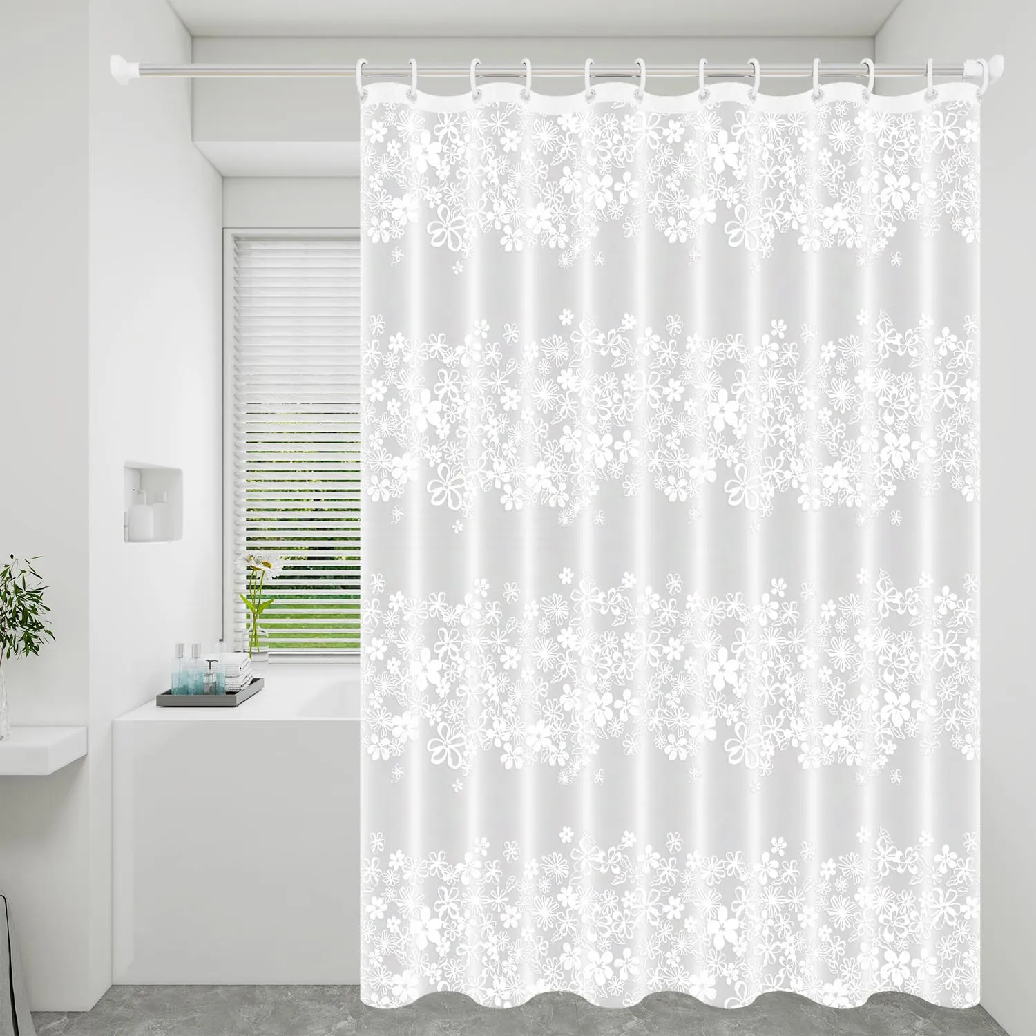 1pc Dreamy White Romantic Floral Shower Curtain blooming blossom bath accessory