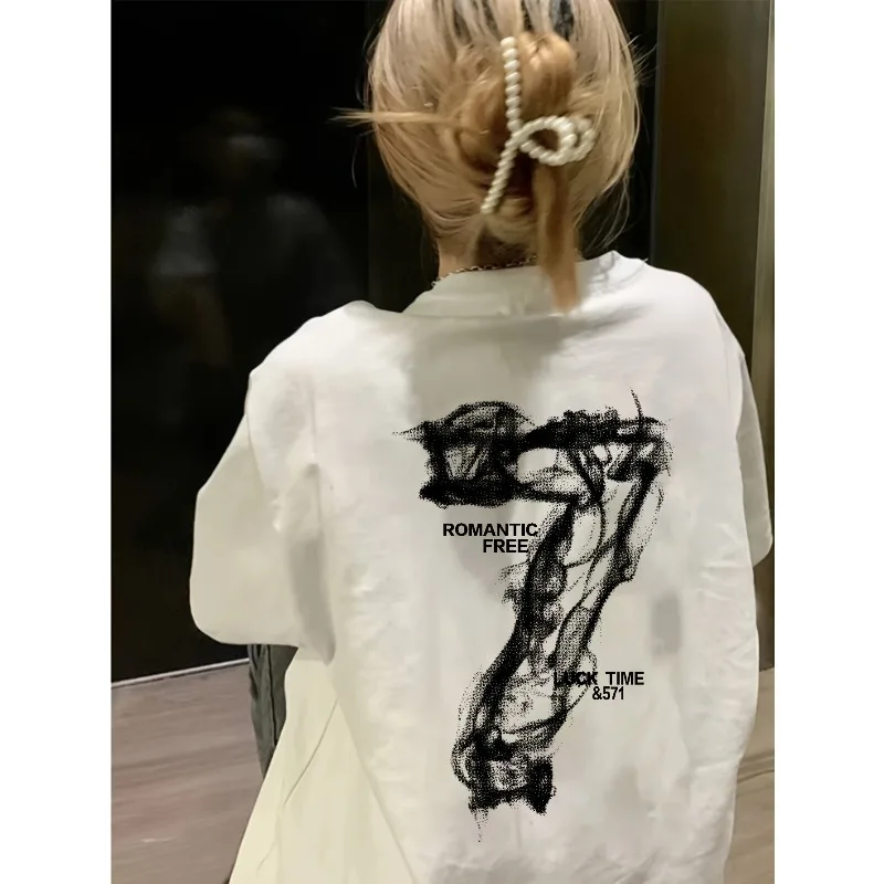 Men' & Women' Y2K Letter & Smoke 7-Print Oversized T-Shirt - /Korean Style Drop Shoulder Loose Fit Top with Smoke Lettering