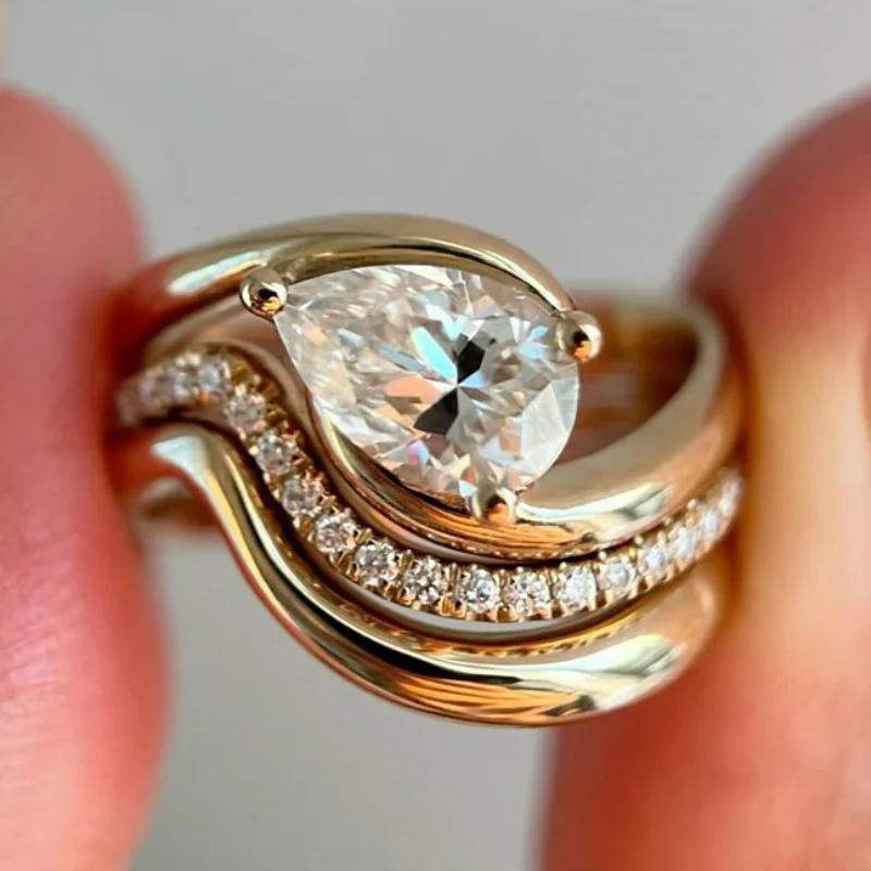 2pcs/set Women's Luxury Fashion Wave Double Ring Set Inlay Cubic Zircon Exquisite Ring Banquet Party Gorgeous Jewelry Accessory