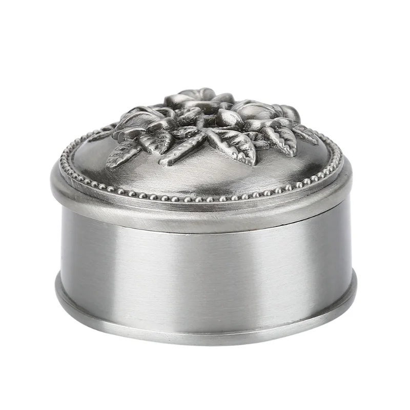 1 Pcs Vintage Flower Carved Round Shaped Zinc Alloy Jewelry Box For Ring Storage