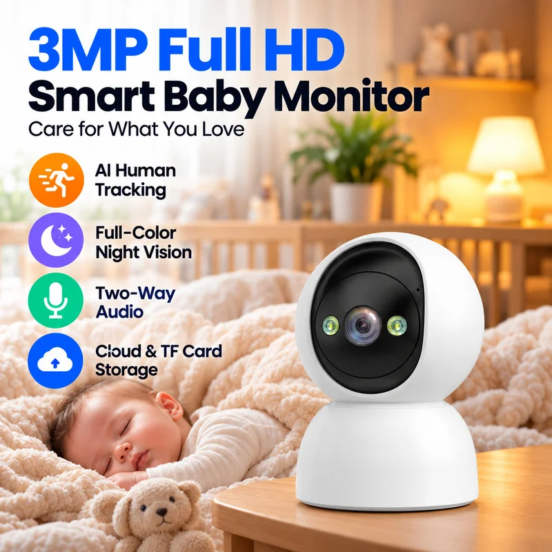3MP WiFi IP Camera Indoor Security Camera Auto Tracking Baby Monitor Full Color Night Vision 2-Way Audio 360 PTZ 2.4GHz CCTV