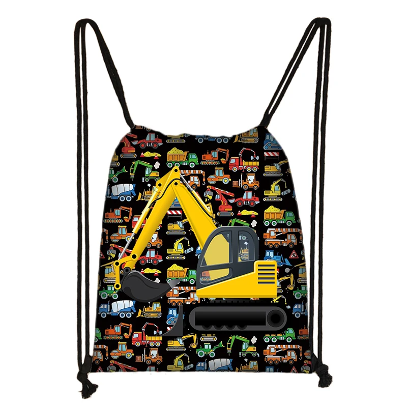 Cartoon Excavator Tractor Fire Truck Print Drawstring Bag Teenagers Engineering Vehicle Canvas Backpacks Portable Storage Bag