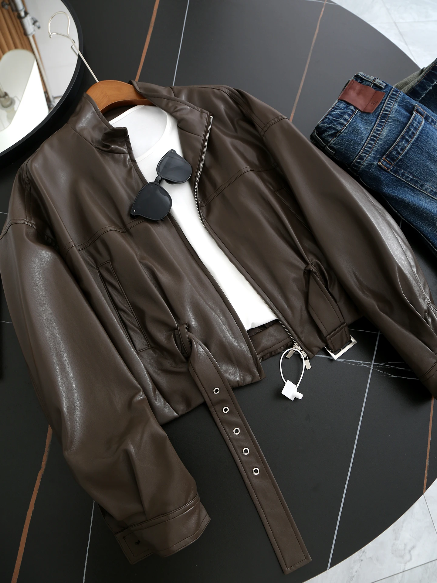 Ultra-Soft Protein Leather Biker Sle Long Sve Stand Collar Women's PU Leather Jaet Autumn Winter ort Coat 58868