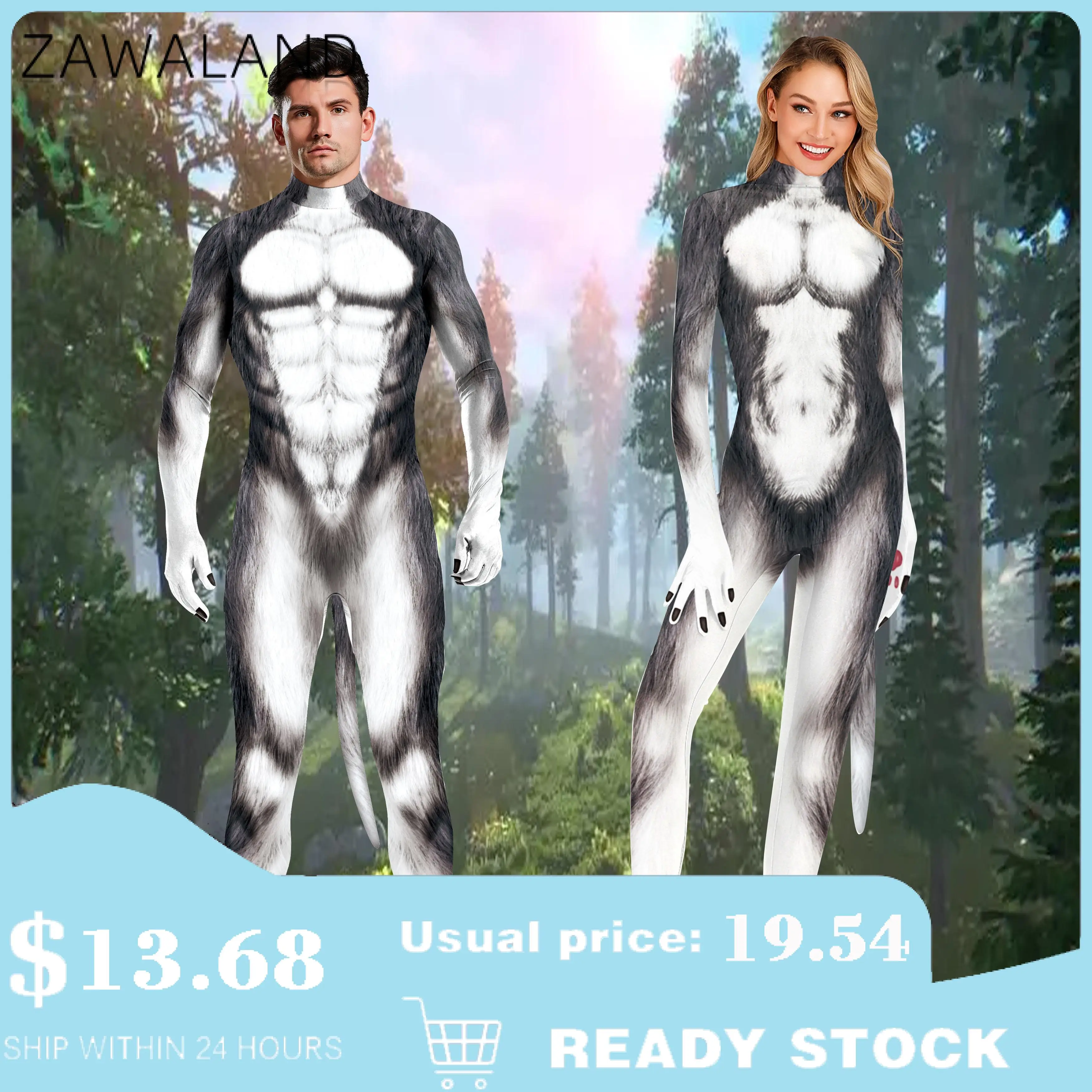 Lobo Fantasias Cosplay para Adultos, 3D Animal Impresso, Playsuit Halloween, Zentai Unisex, Capa Completa com Cauda, Bondage Catsuit