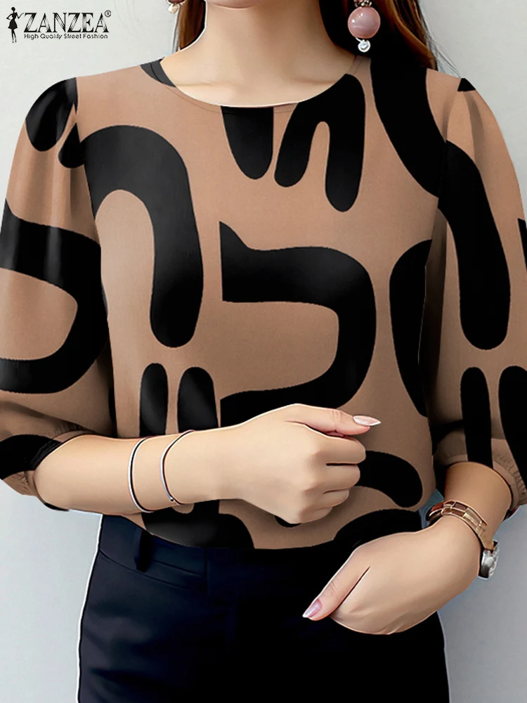 

ZANZEA Elegant Office Work Blouses Summer Women Tops Stylish Spring O Neck 3/4 Sleeve Printed Shirt Autumn Retro Holiday Blusas
