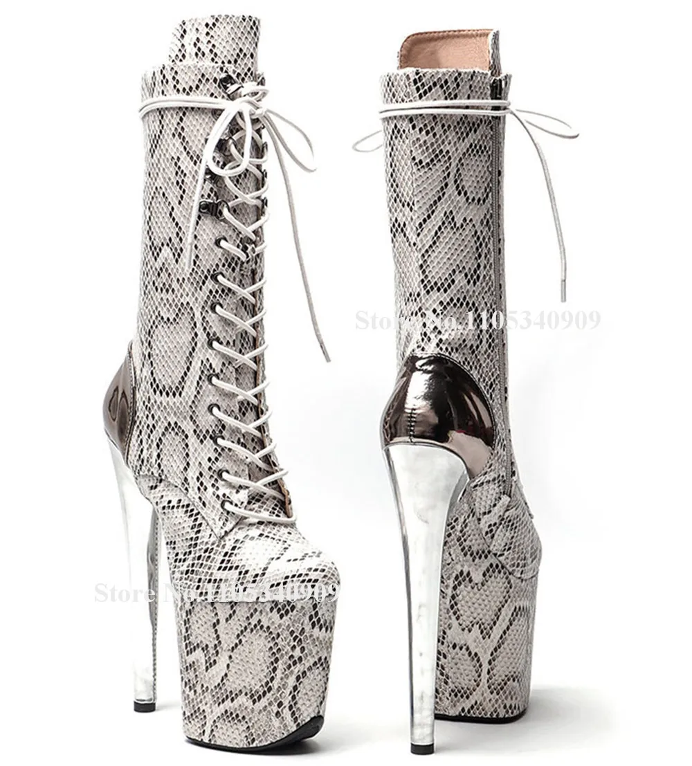 Bondarenko Fashion Snakeskin Leather Stiletto Heel Short Boots Round Toe Patchwork Silver Thin Heel Lace-up 20cm Dance Shoes