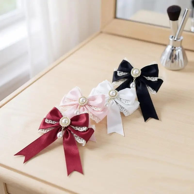 Sweet Cute Pearl Lace Bow Hair Clip High-end Feminine Multi-color Satin Lolita Hair Accessory Fashionable Back Headwear