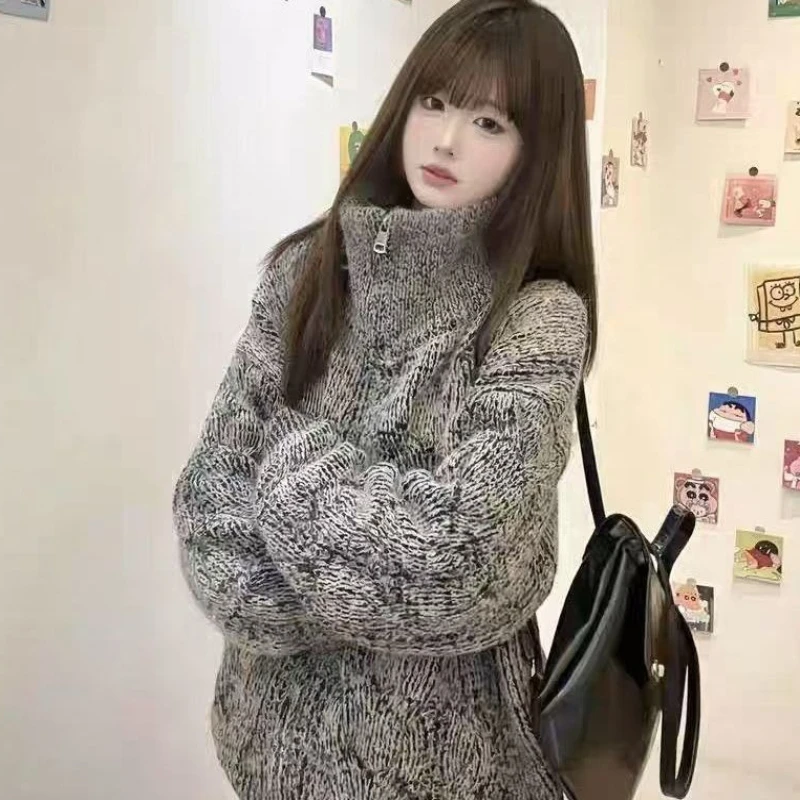 ديبتاون الكورية نمط سستة سترة المرأة خمر Harajuku سترة فضفاضة غير رسمية نمط المال القديم الخريف الشتاء سترة مشغولة من الصوف #4