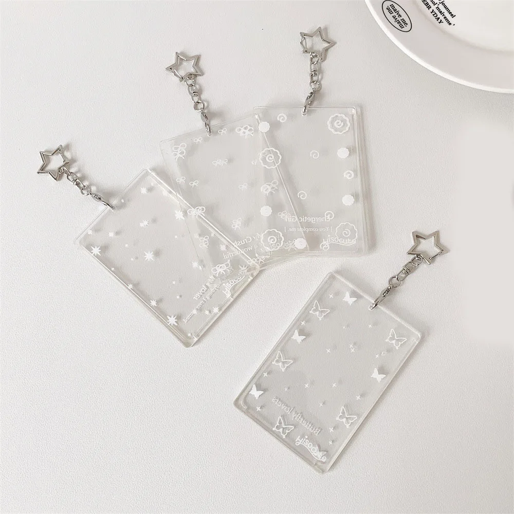 3 Inch Transparent Bowknot Card Sleeve With Chain Acrylic Kpop Photocard Holder Photo Card Holder Bag Pendant School Stationery