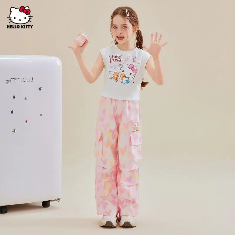 

Sanrio Girls Short Sleeve 2Pcs Hello Kittys Girls New Style Trousers Dopamine Cartoon Fashionable Summer Set Medium Big Children