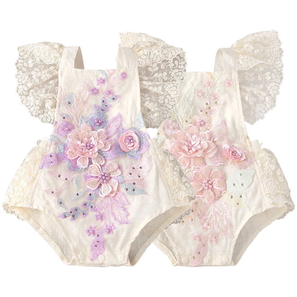 Cute Baby Girls Pearl-Embellished Floral Lace Romper with Tulle Perfect Ensemble for Christenings and Birthdays Bodysuits