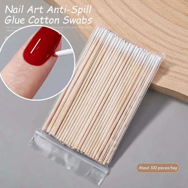 100pcs Disposable Nail Spill Prevention Glue Wood Cotton Buds Sticks Multifunctional Cleaning Care Tools